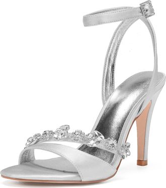 Generic Wedding Bridal Shoes Womens Heels Ankle Strap High Heels Prom Party Dress Heeled Open Toe Bridal Stiletto Sandals 10.5Cm,Silver,5 UK