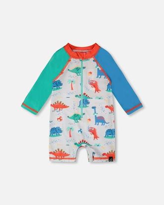 Deux par Deux One-Piece Long Sleeve Dinosaur Print Rashguard in Grey Printed Baby Dinosaurs at Nordstrom, Size 12-18M
