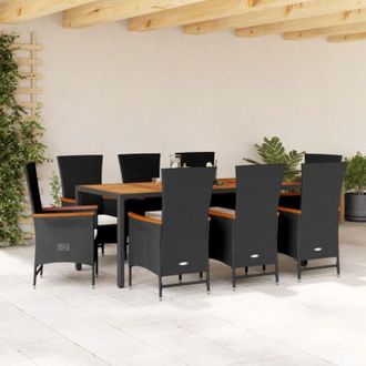 vidaXL Set De Comedor De Jard&iacute;n 9 Pzas Y Cojines Rat&aacute;n Sint&eacute;tico Negro Vidaxl