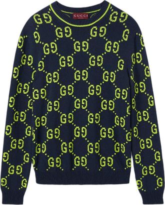 Gucci GG Cotton Jacquard Crewneck Sweater Navy Lime Green 791043-XKD35-0401