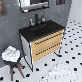 Aurlane Aurlane - Mueble Ba&ntilde;o 80x50+ 2 Cajones Roble Natural + Lavabo Negro Efecto Piedra