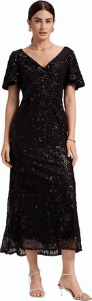 Ever-pretty Womens Sequin Evening Dresses Maxi Bodycon V-Neck Short Sleeves Black 18