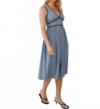 Bella Dahl Fit And Flare V-Neck Midi Dress In Navy Micro Gingham