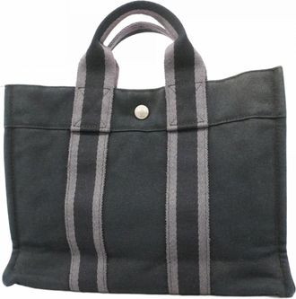 Herm&egrave;s Black Gray Canvas Tote Bag (Pre-Owned)