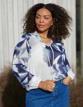 Live Unlimited London Womens Blue Floral Print Pleat Sleeve Blouse - Size: 14