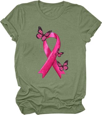 Generic Womens Tops Breast Cancer T Shirts for Women Merchandise UK Ribbon Printed Graphic T Shirts Crewneck T Shirt Girls and Oversized Fashion