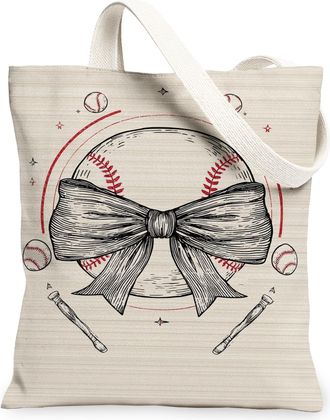 Generic Baseball Bow Canvas Tote Bags, Sports Inspired Reusable Grocery Bags, Summer Fun Lightweight Washable Shoulder Strap Canvas, Beige, 13x15 Inch