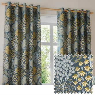 Wylder Ophelia Floral Room Darkening Eyelet Curtain Pair in Blue | Size: 168 cm width x 183 cm drop