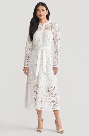 Ming Wang Fit-N-Flare Lined Laced Midi Dress in White at Nordstrom, Size X-Large