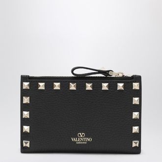 Valentino Garavani Black Leather Rockstud Zip Card Holder