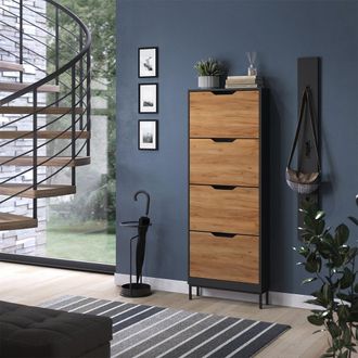 Vicco Zapatera Abatible Luca, Antracita/roble Dorado, 59 X 157.5 Cm Con 4 Compartimentos Basculantes, Vicco