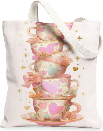 Generic Vintage Teacup Canvas Tote Bag, Elegant Heart Pattern Reusable Grocery Bag, Lightweight Washable Shoulder Strap Canvas for, Peach, 13x15 Inch