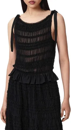 AllSaints Lotus Sheer Shirred Tie Shoulder Peplum Top in Black at Nordstrom, Size 12