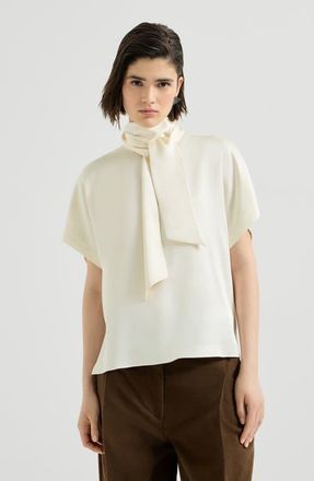 Brunello Cucinelli Silk satin high-neck t-shirt with monili in Fog at Nordstrom, Size Xxx-Large