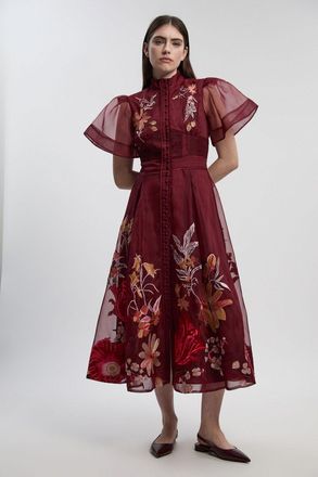 Karen Millen Womens Petite Botanical Embroidery Organdie Angel Sleeve Midi Dress - Purple - Size 10 UK
