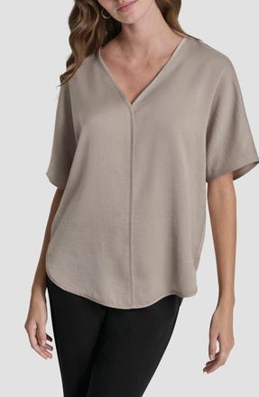 DKNY Short Sleeve Woven Top in Pebble at Nordstrom, Size X-Small
