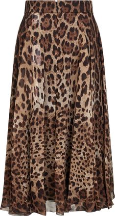 Dolce & Gabbana Womens Chiffon Full Skirt, Leopard Print Multicolour Silk