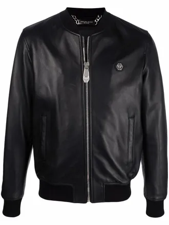 Philipp Plein leather bomber jacket - men - Sheep Skin/Shearling/Polyester/Cupro - S - Black