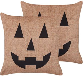Beliani Conjunto De 2 Cojines De Terciopelo Beige Negro 45 X 45 Cm Patr&oacute;n Calabaza Sebes