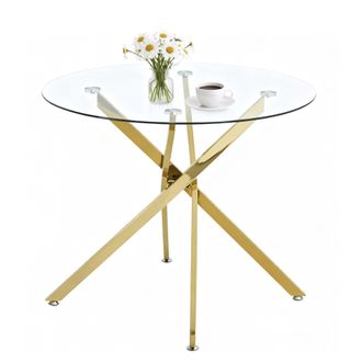 STILVORA Mesa De Comedor Redonda En Vidrio Y Metal Con Superficie De Vidrio Templado, Patas Cruzadas Y Almohadillas Ajustables - 80&times;80&times;76 Cm, Dorado