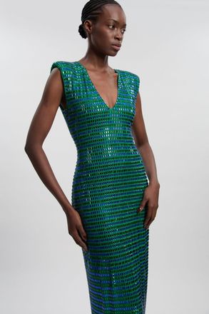 Karen Millen Womens Premium Crystal Embellished Jersey Sleeveless Plunge Neck Midi Dress - Multicolour - Size X-Small