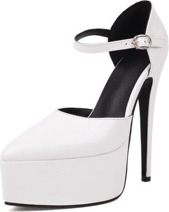 Generic Womens Crocodile Embossed Platform Pumps Ankle Strap Stiletto Heels with Buckle Pointed Closed Toe Evening Dress Party Prom Shoes,White,3.5 UK