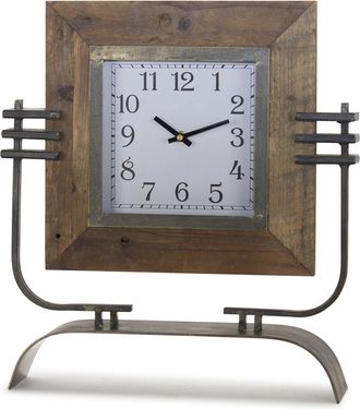 Melrose International Wood Square Clock on Rustic Metal Stand 17.5H - Brown, Black, Black