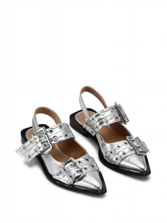 Ganni Womens Feminine Buckle Ballerina Metallic Sandals In Silver