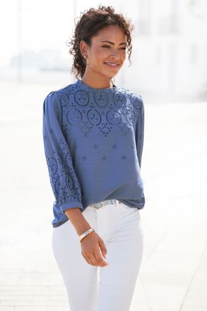 Lascana Schlupfbluse LASCANA, Damen, Gr. 34, blau, Web, Obermaterial: 100% Viskose, unifarben, figurumspielend h&uuml;ftlang, hoch geschlossener Ausschnitt, 1-Knop