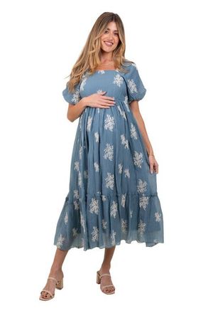 Pinkblush Floral Print Ruffle Hem Midi Dress in Blue at Nordstrom, Size Medium