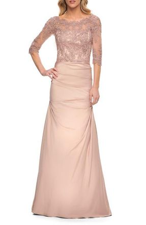 La Femme Classic Floral Lace Gown in Pink Champagne at Nordstrom, Size 14