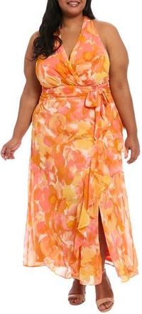 London Times Floral Sleeveless Chiffon Maxi Dress in Peach/Yellow at Nordstrom Rack, Size 16W