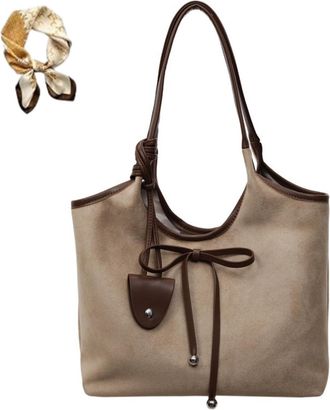 Generic Women Bow Suede Shoulder Purse,Vintage PU Bow Tote Bag,Casual Trendy Fall Large Capacity Hobo Handbag for Work Daily