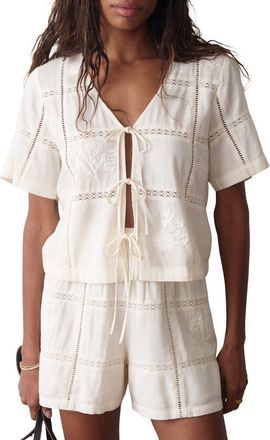 Marine Layer Marella Embroidered Detail Tie Front Top in Antique White at Nordstrom, Size X-Small