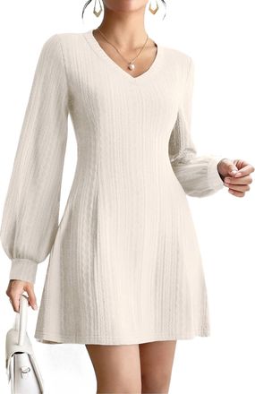 Zeagoo Jumper Dress for Women Casual Lantern Sleeve Cable Dress Elegant Princess Line Long Sleeves Ladies Dresses Beige XXL