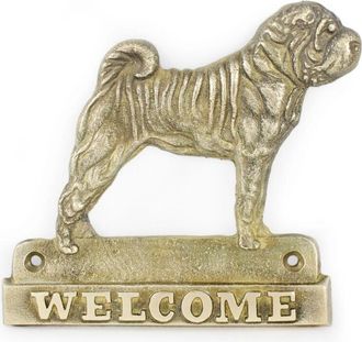 OEM Shar Pei: Un Cartel Para Puerta Con Un Perro, Una Placa De Bienvenida De Lat&oacute;n, Un Cartel &Uacute;nico Con La Palabra Bienvenido De Art-dog