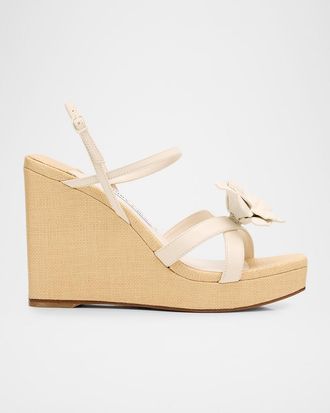 Jimmy Choo London 110mm Elsy Flower Leather Wedge Sandals