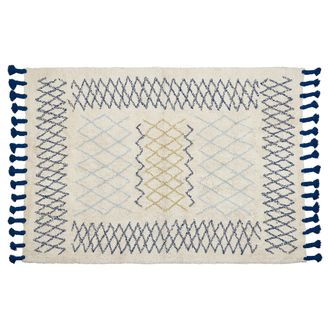 Beliani Alfombra De Algod&oacute;n Beige Azul Negro Amarillo 140 X 200 Cm A Mano Borlas Erzincan
