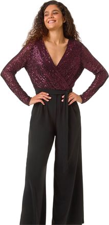Roman Womens Sequin Wrap Wide Leg Stretch Jumpsuit - Pink - Size 16 UK