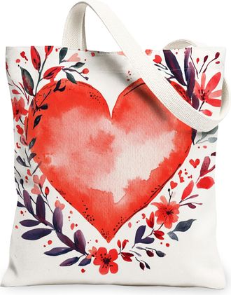Generic Valentines Day Floral Canvas Tote Bags, Heart Pattern Reusable Grocery Bags, Lightweight Washable Shoulder Strap Canvas for Shopping Travel Picnic 13x
