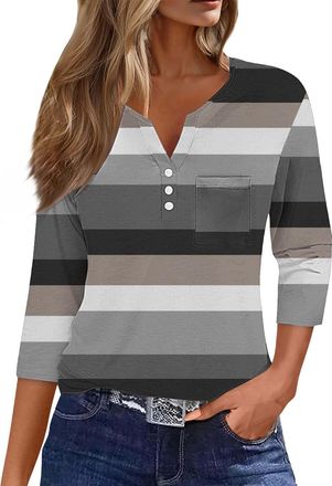 Generic 3/4 Sleeve Tops for Women UK Dressy Casual Summer Work Blouses Tunic Top Elbow Length T Shirts Elegant Floral Printed Fall Ladies Tops Henley Button U