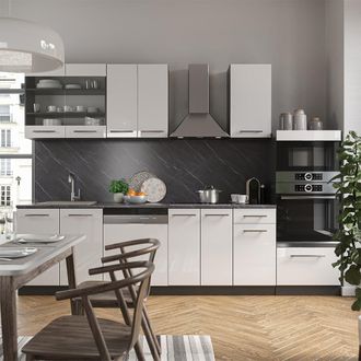 Vicco Mueble De Cocina Fame-line, Blanco Brillo/antracita, 300 Cm Con Armario Alto, Et Antracita