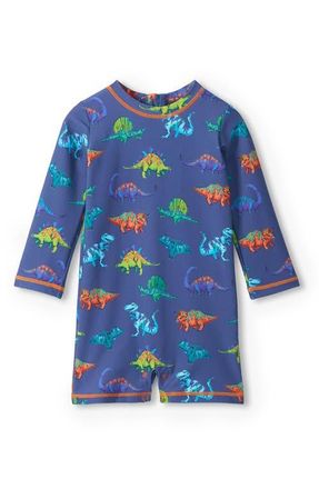 Hatley Dino Party Long Sleeve One-Piece Rashguard Swimsuit in Blue at Nordstrom, Size 18-24M