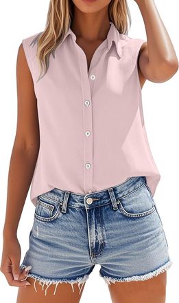 Generic Womens Cotton Linen Vest Tops Sleeveless Button Down V Neck Collar Dressy Casual Loose Shirts Business Work Summer Breathable Ladies Blouses (Pink, S)