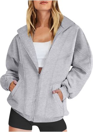 Generic Full Zip Sweatshirt No Hood Womens Zipper Jacket Coat Oversized Long Sleeve Tops Teen Girls Outerwear Fleece Lightweight Jackets with Pockets Casual F