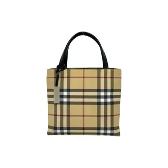 Burberry Beige Black Canvas Leather Handbag Tote Bag (Pre-Owned)