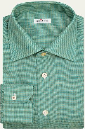 Kiton Mens Linen Blend Micro-Houndstooth Dress Shirt