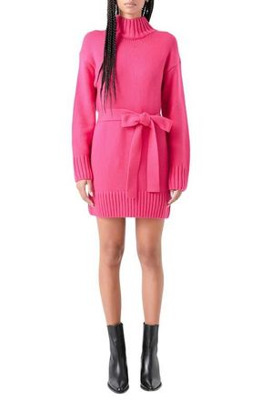 Grey Lab Tie Belt Long Sleeve Sweater Minidress in Fuchsia at Nordstrom, Size X-Small