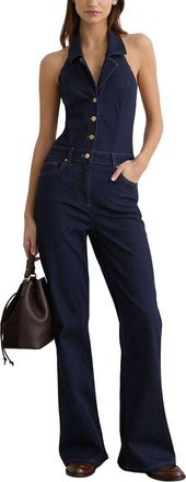 Reiss Lolita Denim Halter Neck Flared Jumpsuit