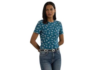Lauren Ralph Lauren Floral Stretch Cotton Crewneck T-Shirts Womens Clothing Indigo : LG, Cotton/Elastane